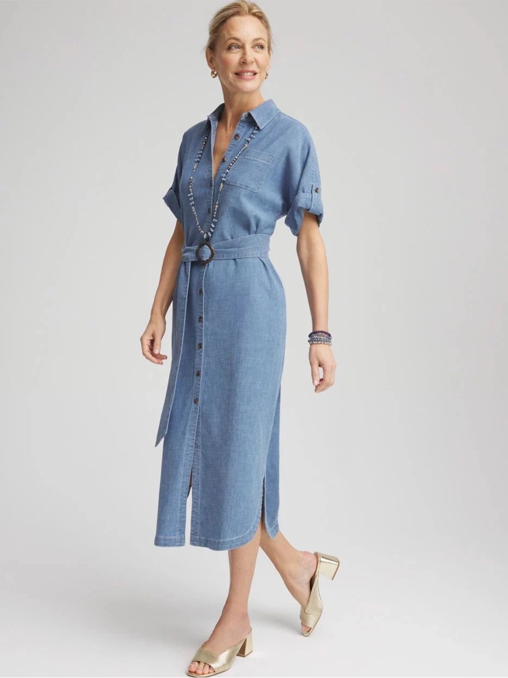 NWT Chicos  Blue Denim Shirt Midi Dress with Belt